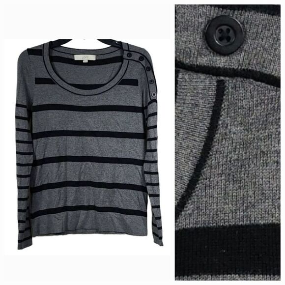 LOFT Gray & Black Striped Crew Neck Sweater Pullover Lightweight Knit Small - Picture 1 of 9